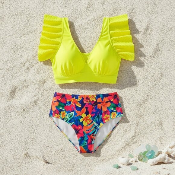 🆕Boho Chic Plus Size Yellow Ruffle Tankini Set High Rise Tropical Floral Bottom - Picture 14 of 16